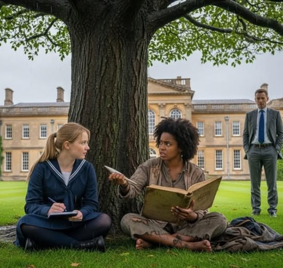 Dziewczyna była bosa, trzymając na kolanach starą skórzaną książkę