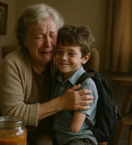 Chłopiec z jedną ręką gotuje zupę dla babci zmarłego przyjaciela