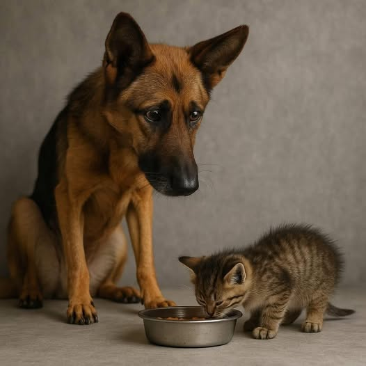 Mały kotek, nie zwracając najmniejszej uwagi na wychudzonego psa paste